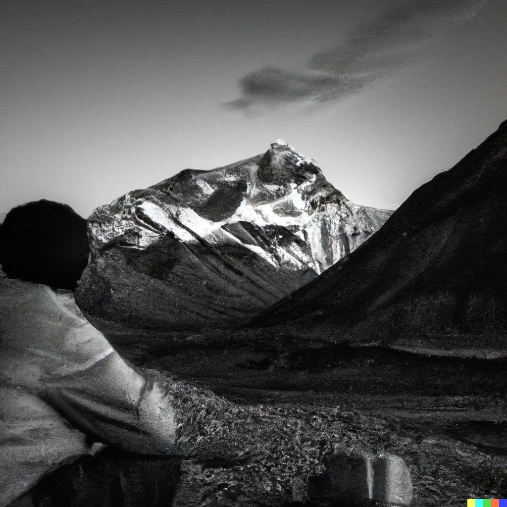 someone gazing at Mount Everest, photograph, black and white